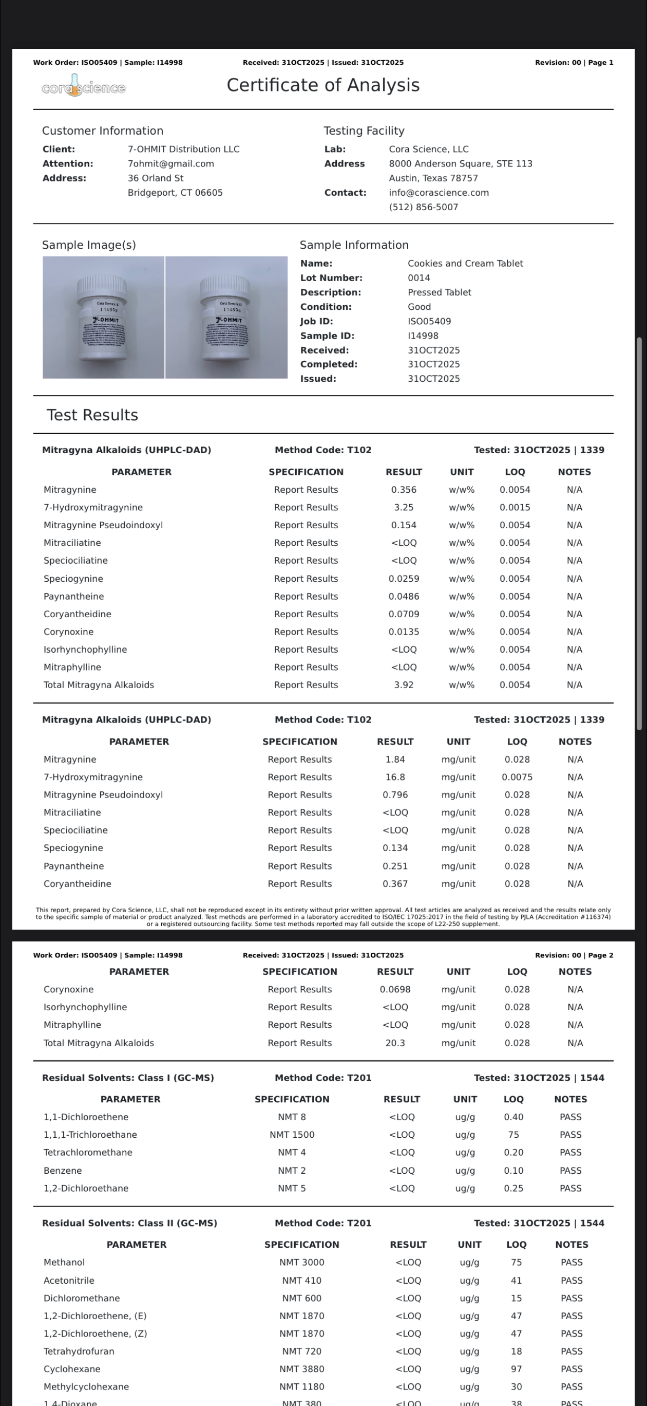 Cookies and Cream Tablets 16.8mg 7OH 20.3mg Total Alkaloids